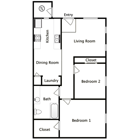 Floor plan for 2 beds, 1 bath, 912 sqft
